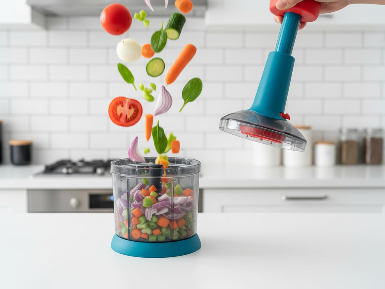 Chopper for Kitchen Use, Push Chopper with 5 Blades, Kitchen Accessories Items for Home Cutting Vegetables, Onion, Ginger, Garlic, Salad, Tomato, Potato (Assorted, Pack of 1, 1100 ML)