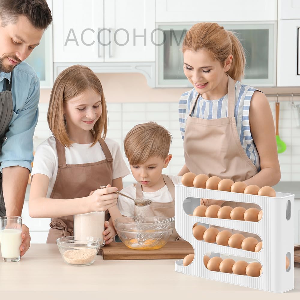 4 Tier Automatic Egg Dispenser for Refrigerator, Roll Down Egg Holder, 30 Eggs Storage Capacity, Space Saving Kitchen Fridge Organizer (White)