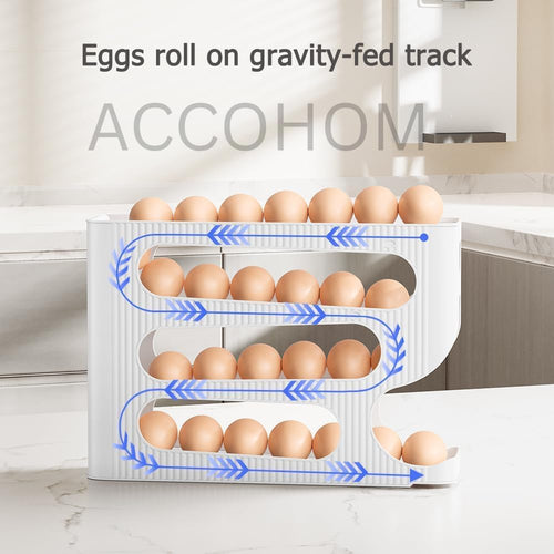 4 Tier Automatic Egg Dispenser for Refrigerator, Roll Down Egg Holder, 30 Eggs Storage Capacity, Space Saving Kitchen Fridge Organizer (White)