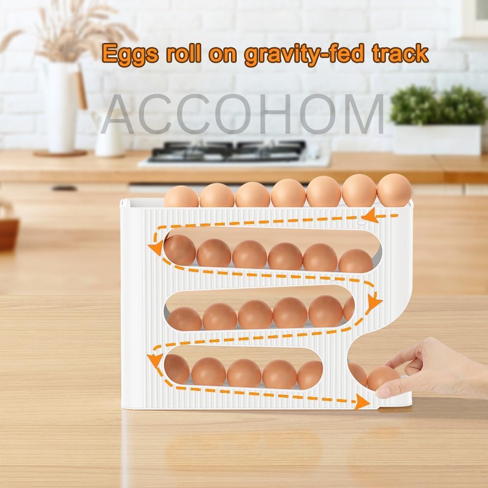 4 Tier Automatic Egg Dispenser for Refrigerator, Roll Down Egg Holder, 30 Eggs Storage Capacity, Space Saving Kitchen Fridge Organizer (White)
