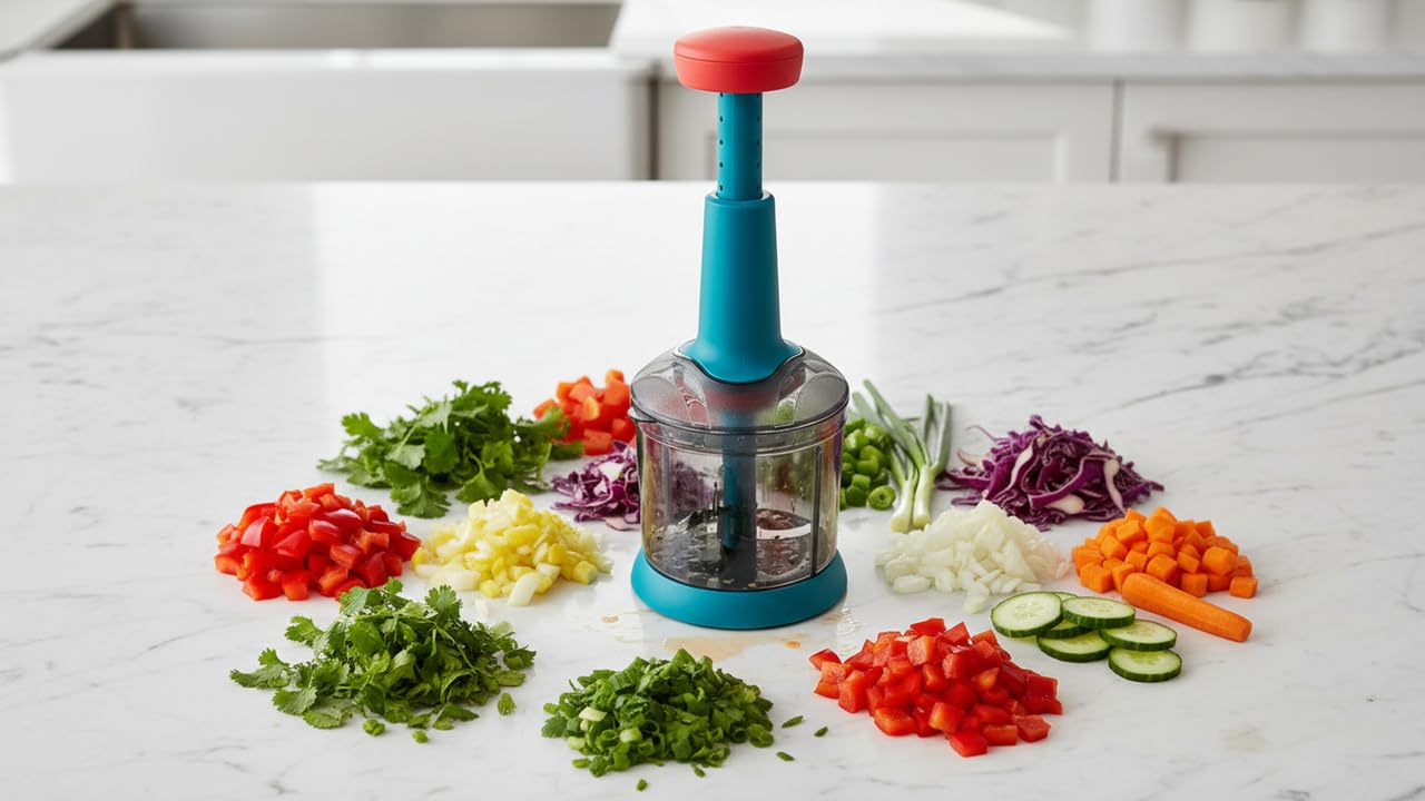 Chopper for Kitchen Use, Push Chopper with 5 Blades, Kitchen Accessories Items for Home Cutting Vegetables, Onion, Ginger, Garlic, Salad, Tomato, Potato (Assorted, Pack of 1, 1100 ML)