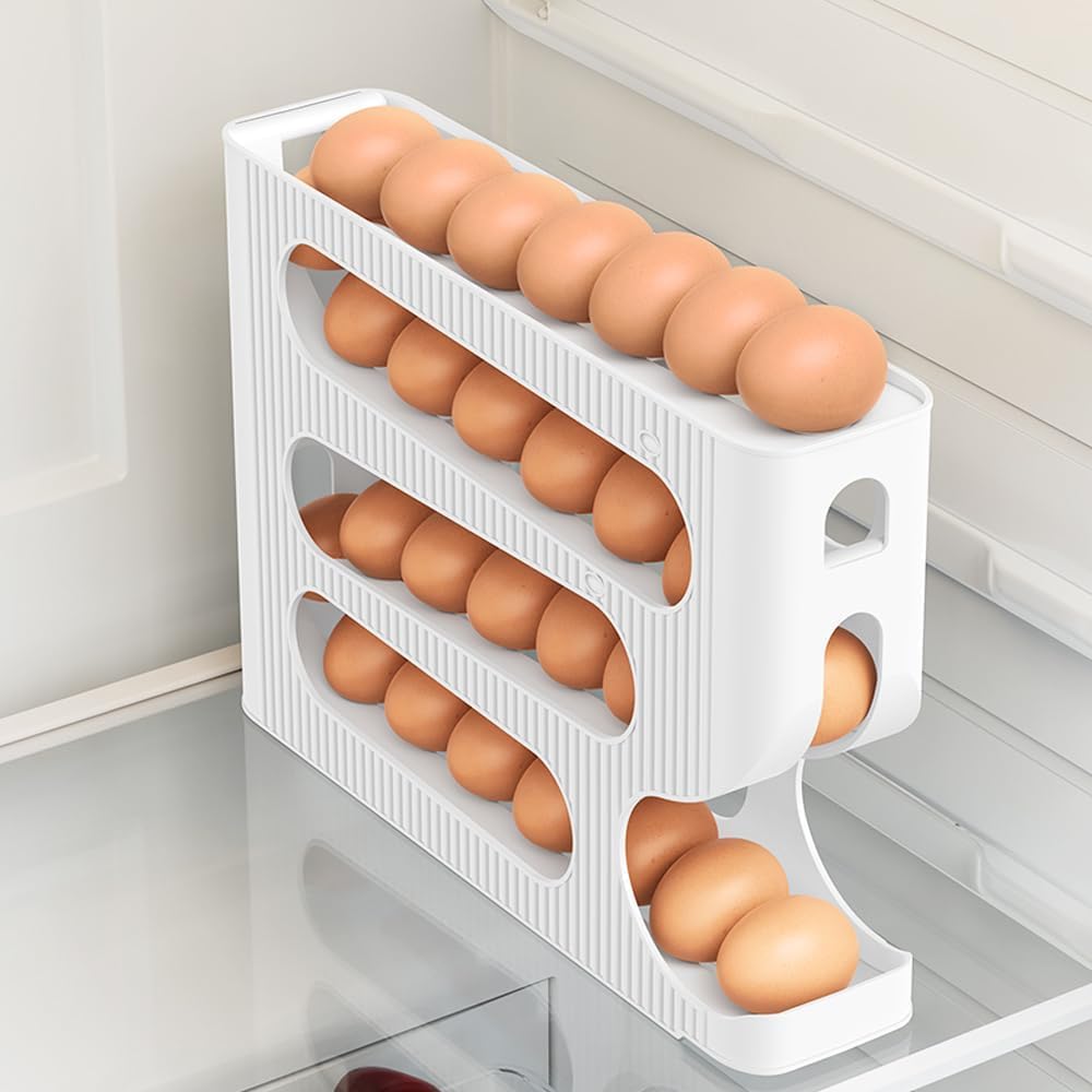 4 Tier Automatic Egg Dispenser for Refrigerator, Roll Down Egg Holder, 30 Eggs Storage Capacity, Space Saving Kitchen Fridge Organizer (White)