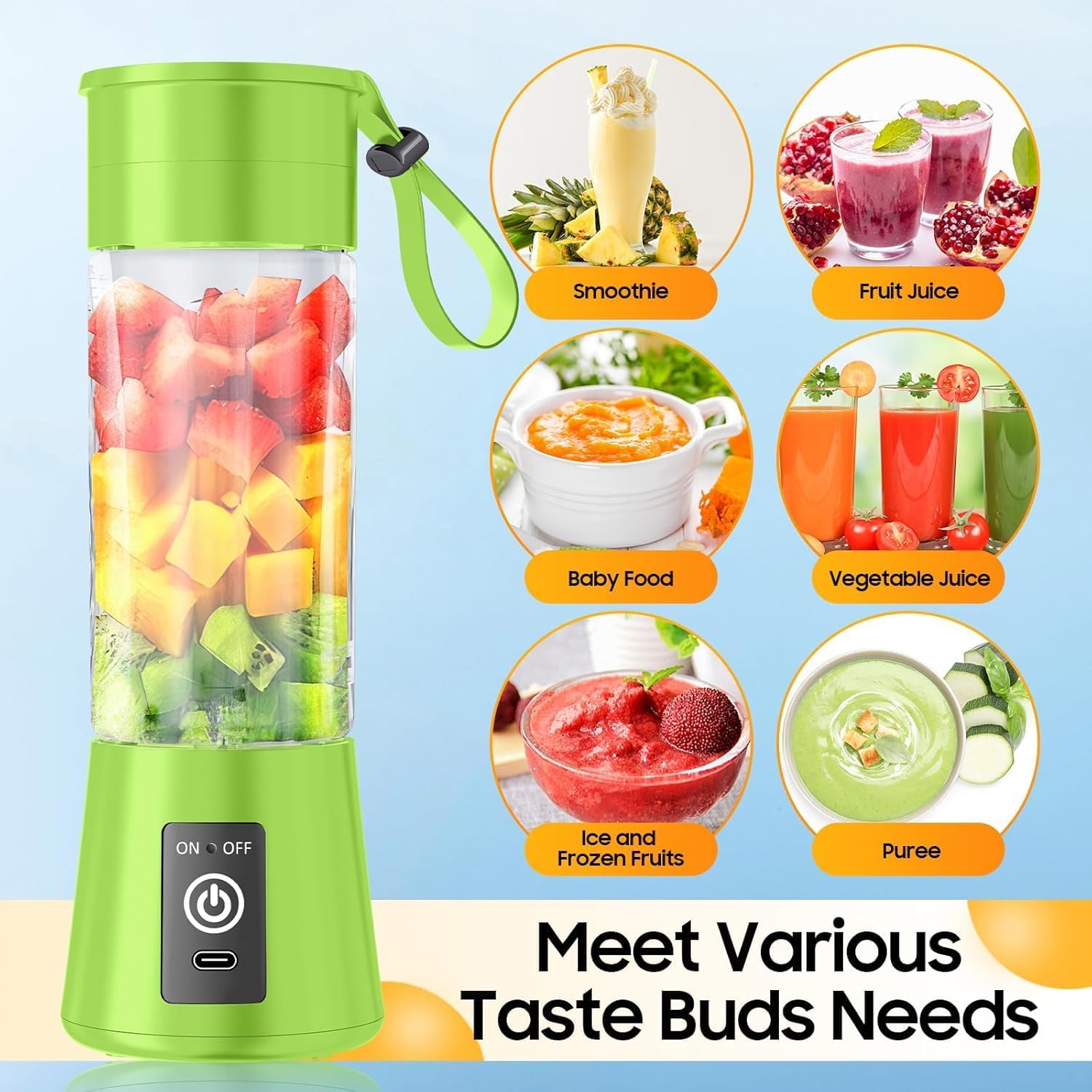 Portable Juicer Blender with 6-Blade, USB Rechargeable, Personal Smoothie Maker, Protein Shake Mixer, Built-In Bottle, for Home, Travel and Gym