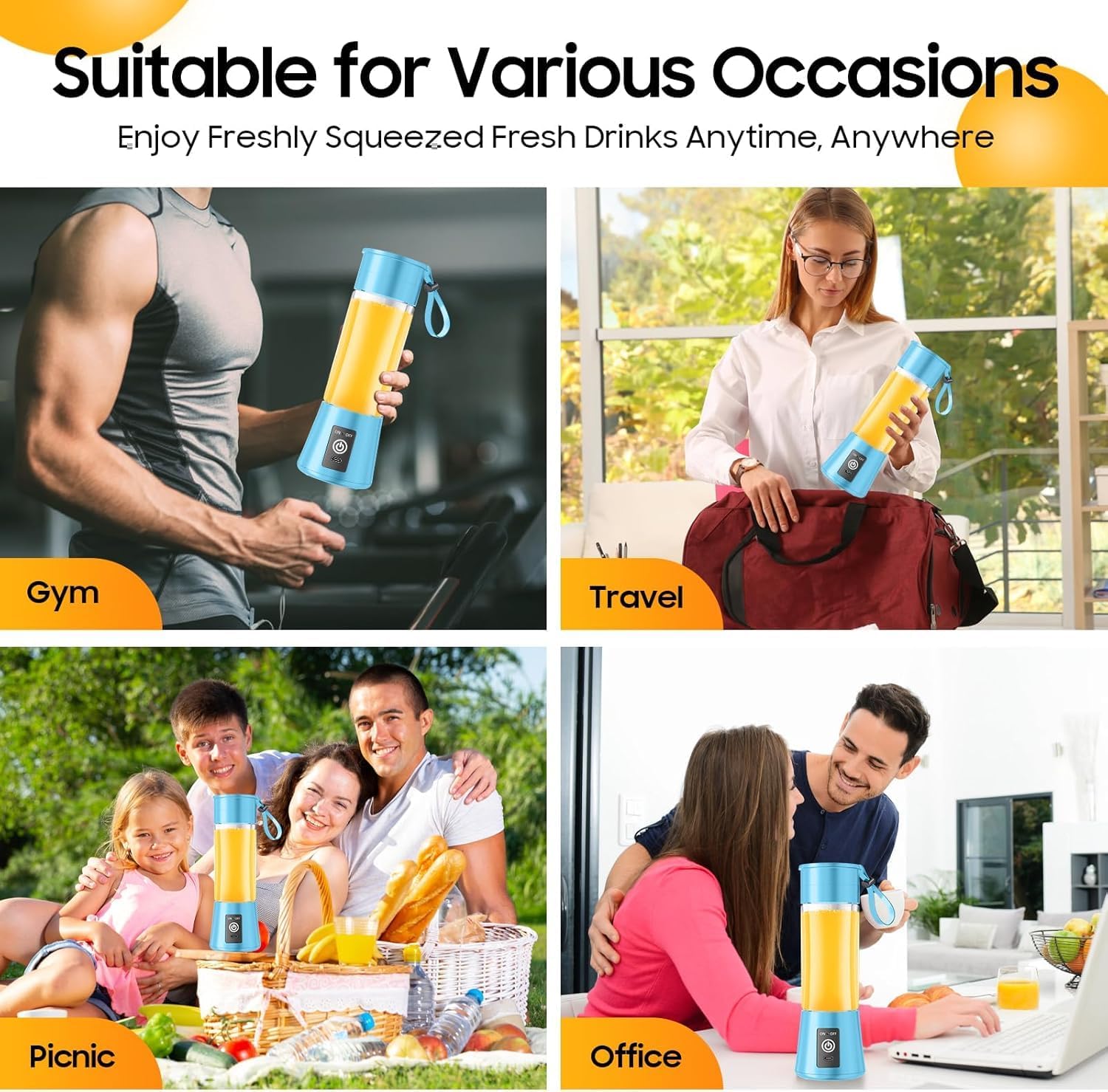 Portable Juicer Blender with 6-Blade, USB Rechargeable, Personal Smoothie Maker, Protein Shake Mixer, Built-In Bottle, for Home, Travel and Gym