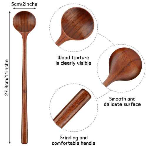 Patelai 6 Pieces Wooden Long Spoons Long Handle Round Spoons Korean Style Soup Spoons for Soup Cooking Mixing Stirring Kitchen Tools Utensils, 10.9 Inch (Brown)