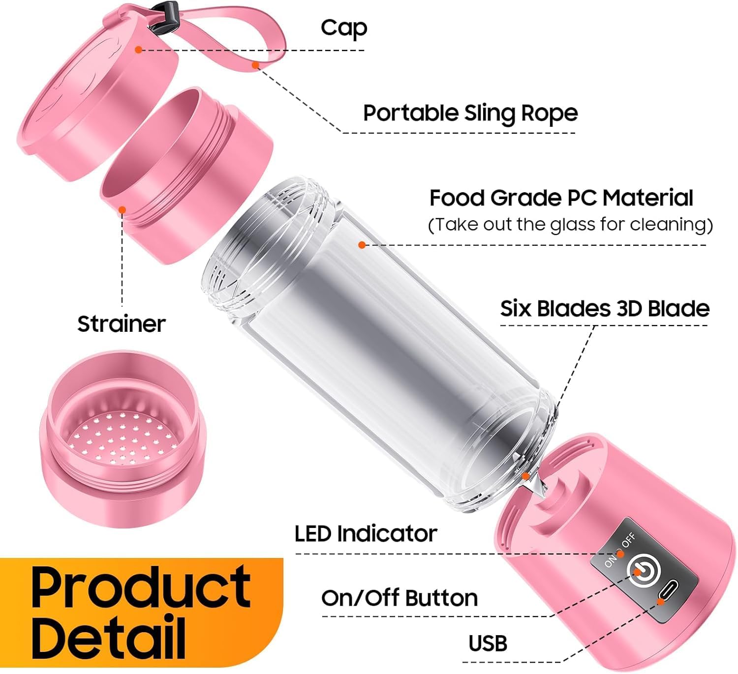 Portable Juicer Blender with 6-Blade, USB Rechargeable, Personal Smoothie Maker, Protein Shake Mixer, Built-In Bottle, for Home, Travel and Gym