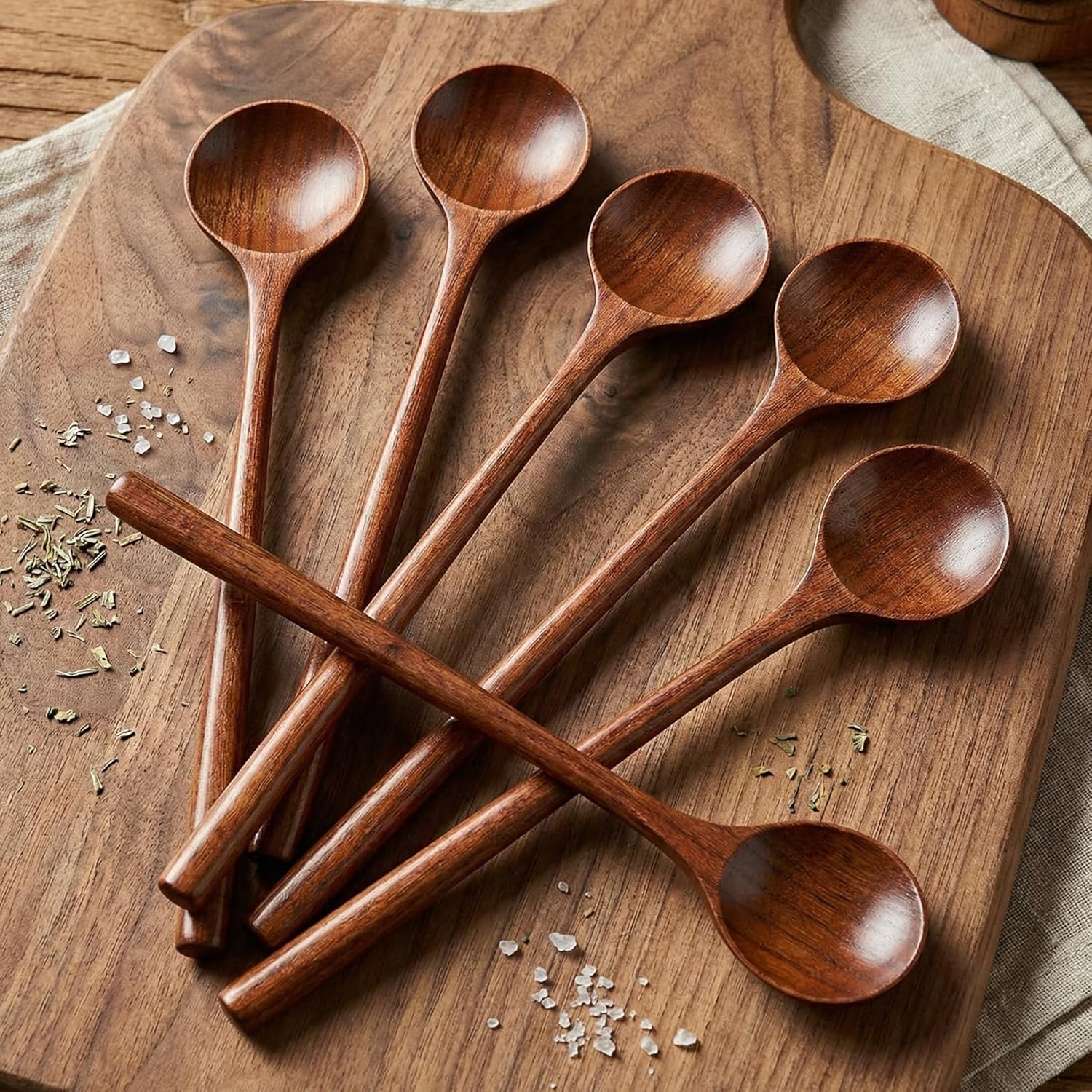 Patelai 6 Pieces Wooden Long Spoons Long Handle Round Spoons Korean Style Soup Spoons for Soup Cooking Mixing Stirring Kitchen Tools Utensils, 10.9 Inch (Brown)